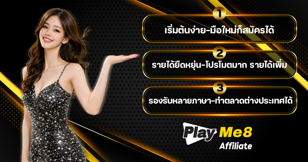 ภาพแสดงช่องทางโปรโมต PlayMe8 Affiliate สำหรับมือใหม่ ผ่านโซเชียลมีเดีย บล็อก และชุมชนออนไลน์